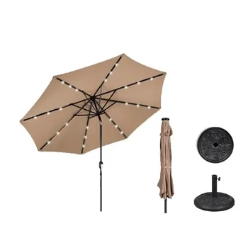 Солнечный рыночный зонт со светодиодной подсветкой коричневого цвета с основанием