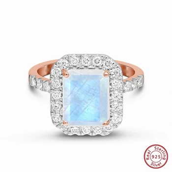 Уникальное квадратное кольцо из лунного камня S925 со сверкающим цирконием, потрясающее ювелирное изделие