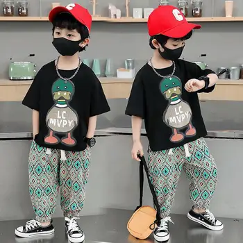 Корейская детская Хлопчатобумажная одежда 2023 года, футболка с рисунком утки из мультфильма для маленьких мальчиков и девочек, комплект Топов и брюк, Детская одежда из 2 предметов, одежда для отдыха