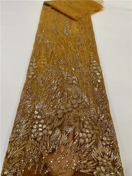 Французская кружевная ткань 2023 золотые Бусины ручной работы Африканская вышивка Тюлевая Кружевная ткань Нигерийское Кружево Для Свадьбы 5 ярдов