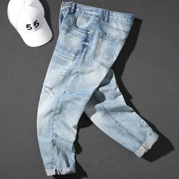 Свободные джинсы Мужские весенние из рваного хлопка с принтом в японском стиле, светлые брюки, прямые повседневные молодежные модные