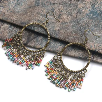 Богемные ретро геометрические круглые висячие серьги с разноцветными бусинами ручной работы, старинные серьги из античной бронзы, ювелирные изделия