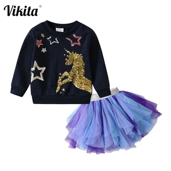 VIKITA/Осенне-весенние комплекты одежды для девочек, Толстовка с длинными рукавами и единорогом, юбка-пачка, комплект одежды из 2 предметов, детская одежда
