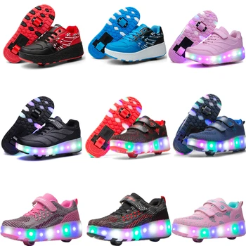 Светящиеся кроссовки на двух колесах, Сине-Розовая обувь для роликовых коньков со светодиодной подсветкой для детей, Детская обувь со светодиодной подсветкой для мальчиков и девочек 28-43