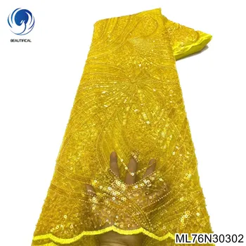 Новейшие желтые бусины, тюлевая кружевная ткань ручной работы, нигерийская кружевная ткань 2022, французская кружевная ткань с блестками для вечернего платья ML76N303
