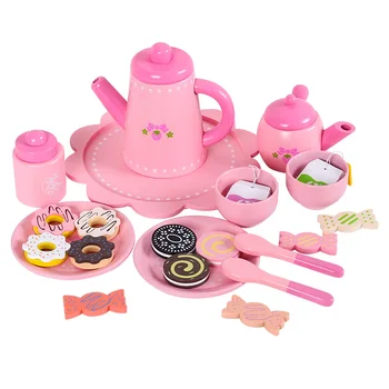 Деревянная Имитация Кухонной Игрушки для послеобеденного чая, Розовый Большой чайник, Чашка, Чайный сервиз, Набор игрушек для ролевых игр для девочек, Подарки для детей