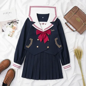 Униформа JK, Японский Костюм моряка, темно-синий Комплект с воротником, Школьная форма для девочек
