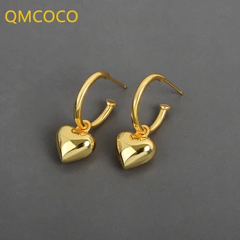 Простые серьги серебряного цвета QMCOCO, Модные Классические Простые серьги в форме сердца для женщин, подарки для вечеринок, Ювелирные украшения с подвесками для ушей