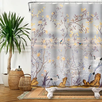 Занавеска для душа в винтажном китайском стиле с цветами и птицами, ретро Занавеска для ванны, Водонепроницаемый декор для ванной комнаты с крючками, занавеска с 3D печатью