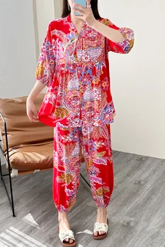 Летний Женский Пижамный комплект, Элегантная Женская Пижама с цветочным Рисунком, Укороченная Пижама с Завязками, Пижама для Отдыха для Женщин