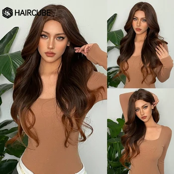 Длинный волнистый парик HAIRCUBE для женщин Темно-коричневый золотистый парик Омбре Средней части Натуральных волос, термостойкий парик для ежедневных вечеринок