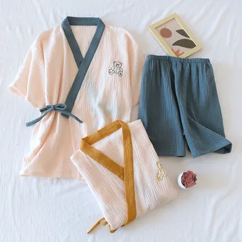 Новый весенне-летний японский костюм-кимоно, женские шорты из 100% хлопка и крепа с короткими рукавами, пижама, комплект из двух предметов на тонких бретелях, женская