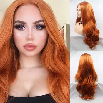 Сильвия Желто-Оранжевые Волнистые парики из синтетических волос на кружеве, парики смешанного цвета, желто-оранжевый для женщин с термостойкими волокнистыми волосами