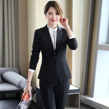 Офисный темпераментный женский брючный костюм, деловой черный классический костюм, пиджак, брючный костюм, официальный костюм из двух предметов