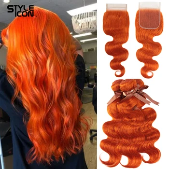 Styleicon Оранжевая Блондинка Бразильские Объемные Волнистые пучки с закрытием, Разноцветное переплетение человеческих волос Remy, 3 пучка с закрытием