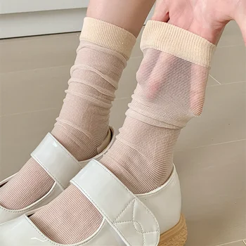 Однотонные женские носки, Летние ультратонкие Прозрачные Свободные длинные носки для школьниц, Сетчатые дышащие Черные белые носки