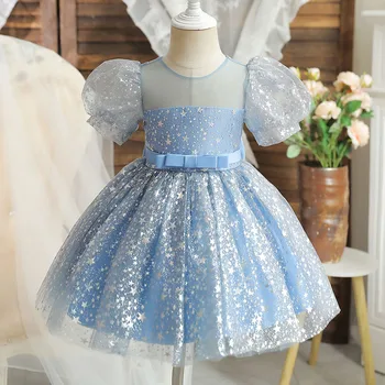 Платье принцессы 2023, Новый детский костюм, Бальное платье, Элегантное платье, блестящее праздничное платье для девочек, Сетчатые платья с бантом на 1 день рождения, 0-5 лет