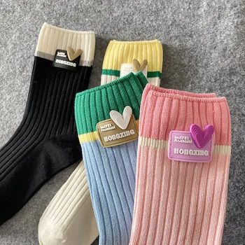 Новое поступление, женские носки розового цвета, носки с сердечками в Корейском стиле, кавайные носки, Модные хлопковые длинные носки для женщин, Милый размер носков 35-40
