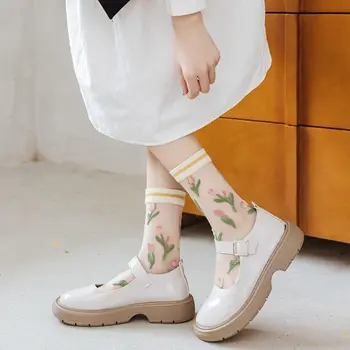 Летние Свежие носки с цветочным рисунком, корейские ретро-прозрачные носки с цветочным рисунком в литературном и художественном стиле, Женские ультратонкие носки из хрустального шелка