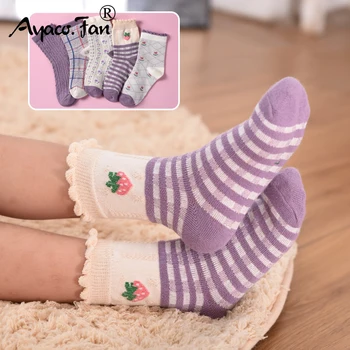 5 Пар/лот, Носки для девочек, Новые весенние хлопчатобумажные носки, фиолетовые носки в стиле пэчворк с цветочным рисунком, Милые детские студенческие мягкие зимние носки от 1 до 12 лет