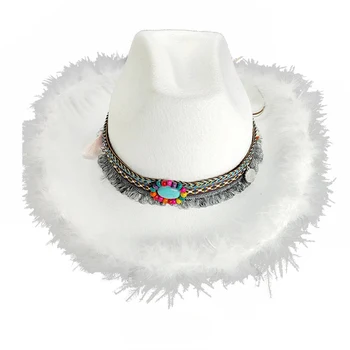 Женская ковбойская шляпа с широкими полями, однотонная широкополая шляпа с пушистыми перьями, Винтажная дискотека в западном стиле, Женская кепка для вечеринки знакомств