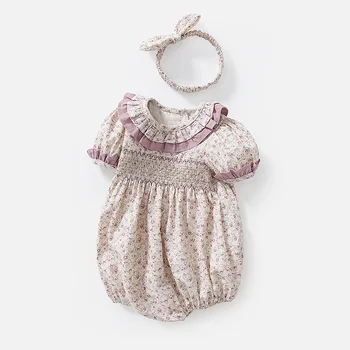 Летний Комбинезон для маленьких девочек, Новый Модный Фиолетовый комбинезон с короткими рукавами и цветочным рисунком для новорожденных, Хлопковая детская одежда, костюмы для девочек