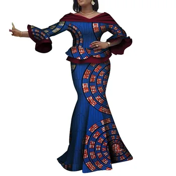Африканские свадебные наряды для женщин, комплект из 2 предметов, сексуальный укороченный топ с пышными рукавами и принтом в африканском стиле, длинные юбки, костюмы для женщин