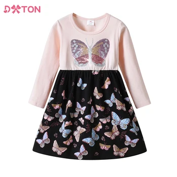 Детские хлопчатобумажные платья DXTON для девочек, платье с бабочками и блестками для малышей, повседневные школьные костюмы принцессы на день рождения, детская одежда