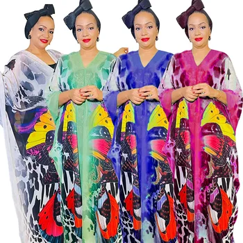 2023 Африканские платья больших размеров для женщин, Летнее Элегантное длинное платье из полиэстера с V-образным вырезом и принтом в африканском стиле, платье Макси с внутренней стороны