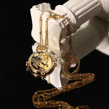 Amaiyllis, 18-каратное золото, Винтажное круглое ожерелье с портретом, Модный тренд, Тисненая золотая цепочка для монет, ожерелье для женских украшений