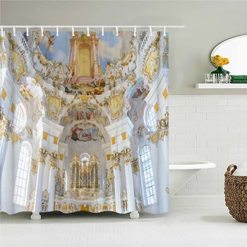 Архитектура европейского стиля, Занавеска для душа, Ретро-фреска с изображением Ангела, Водонепроницаемые тканевые Занавески для ванной, декор для ванной комнаты с крючками