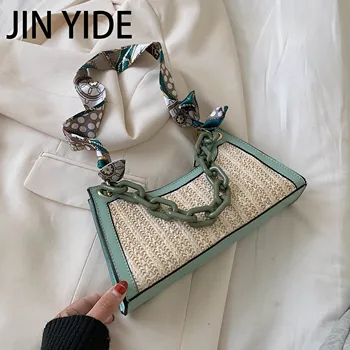 JIN YIDE, Летние соломенные сумки для женщин, 2023, Дизайн шарфа, сумка через плечо, Женские сумки, Милая цепочка, Дорожные пляжные сумки